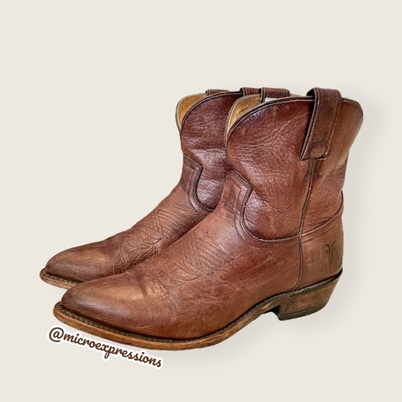 $369 Frye Billy Short Pull On Brown Real Leather Southern Cowboy Cute Ankle Boot - Picture 9 of 14